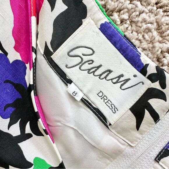 Vintage 90’s Arnold Scaasi Silk Floral Dress in White Black Size 6 - Picture 5 of 6